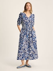 Joules Rosalie Blue & White V-Neck Frill Dress - Image 1 of 7