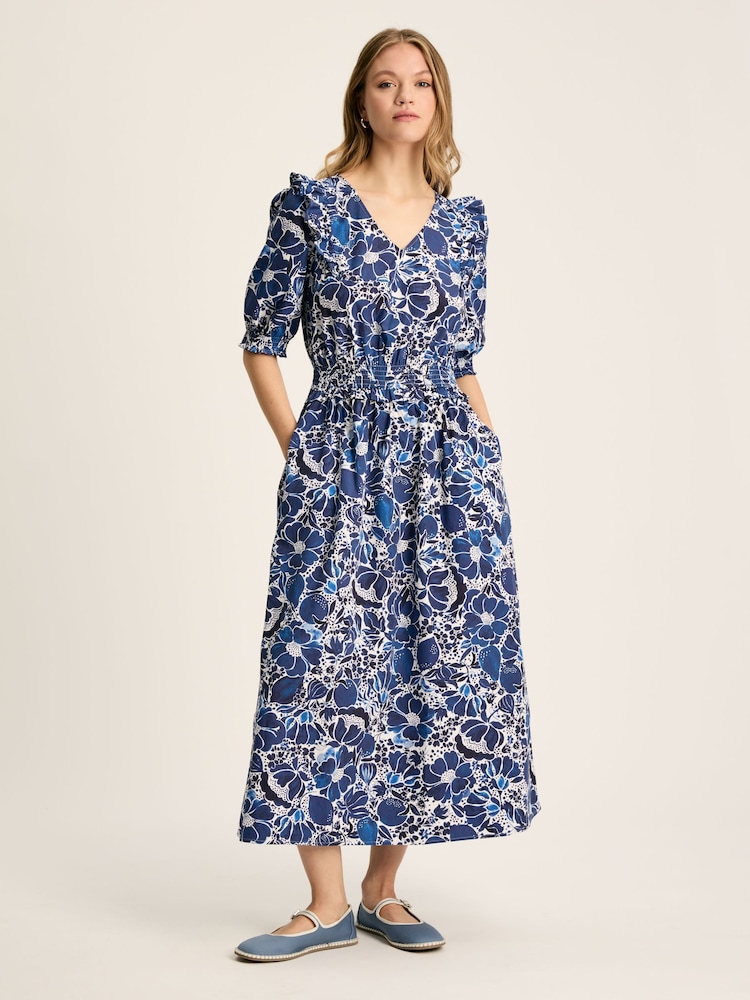 Joules Rosalie Blue & White V-Neck Frill Dress - Image 1 of 7