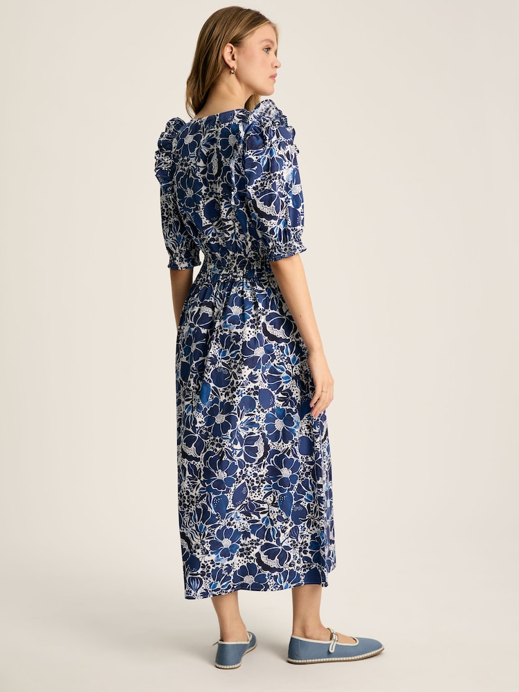Joules Rosalie Blue & White V-Neck Frill Dress - Image 2 of 7