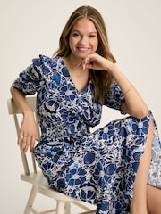 Joules Rosalie Blue & White V-Neck Frill Dress - Image 3 of 7