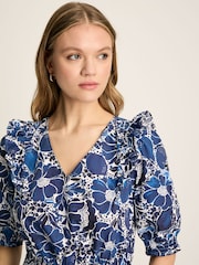 Joules Rosalie Blue & White V-Neck Frill Dress - Image 4 of 7