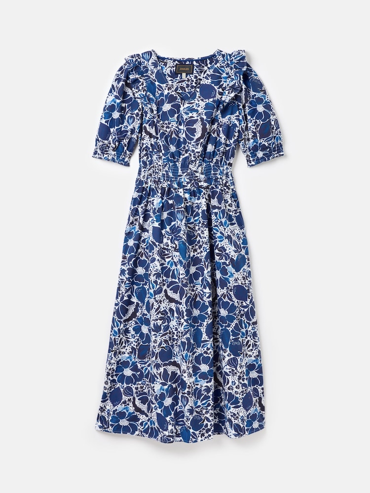 Joules Rosalie Blue & White V-Neck Frill Dress - Image 7 of 7