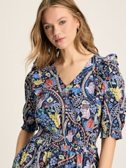 Joules Rosalie Blue V-Neck Frill Dress - Image 4 of 7