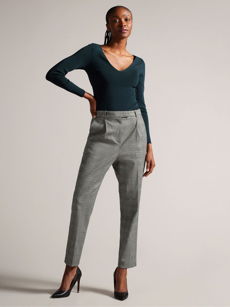 Ted Baker Grey Jommial Pleat Front Tapered Leg Check Trousers - Image 1 of 5 Ted Baker Grey Jommial Pleat Front Tapered Leg Check Trousers - Image 1 of 5