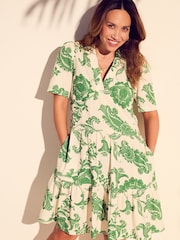 Myleene Klass Ecru White Printed V-Neck Collared Mini Dress With Linen - Image 1 of 7