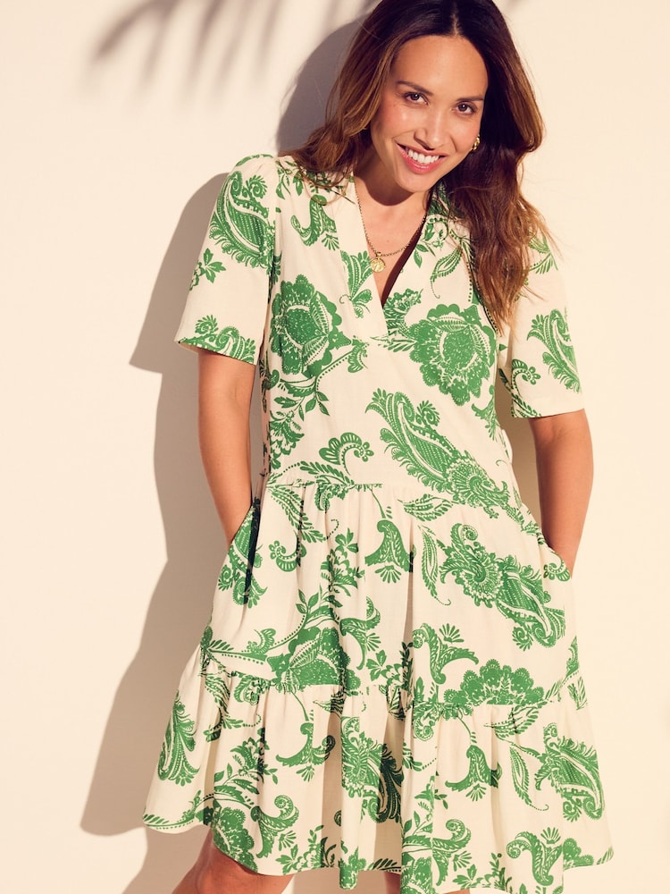 Myleene Klass Ecru White Printed V-Neck Collared Mini Dress With Linen - Image 1 of 7