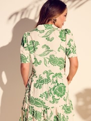 Myleene Klass Ecru White Printed V-Neck Collared Mini Dress With Linen - Image 4 of 7