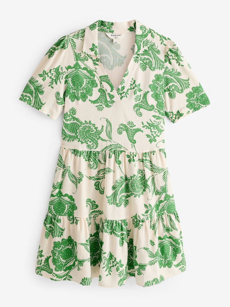 Myleene Klass Ecru White Printed V-Neck Collared Mini Dress With Linen - Image 7 of 7