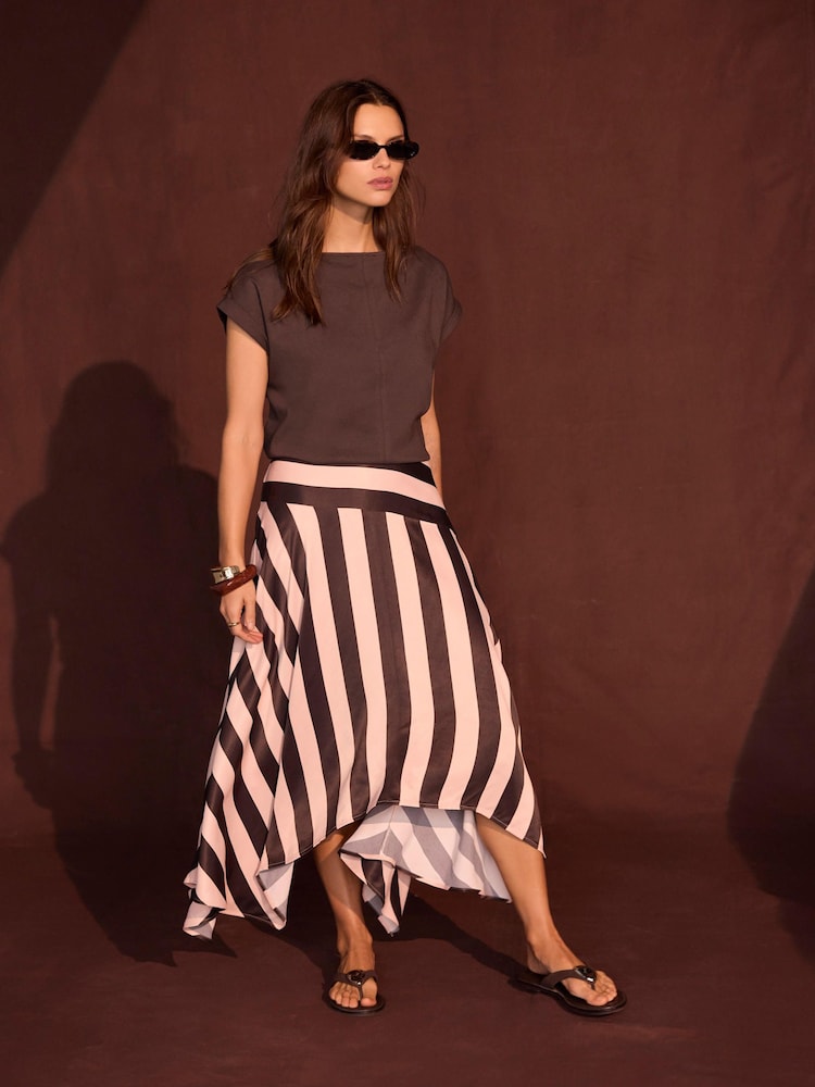 Mint Velvet Brown Satin Striped Midi Skirt - Image 1 of 6