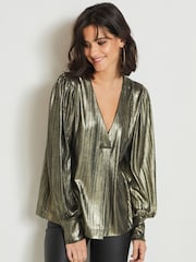 Gold Metallic Lamé V-Neck Cuff Blouse - Image 1 of 6
