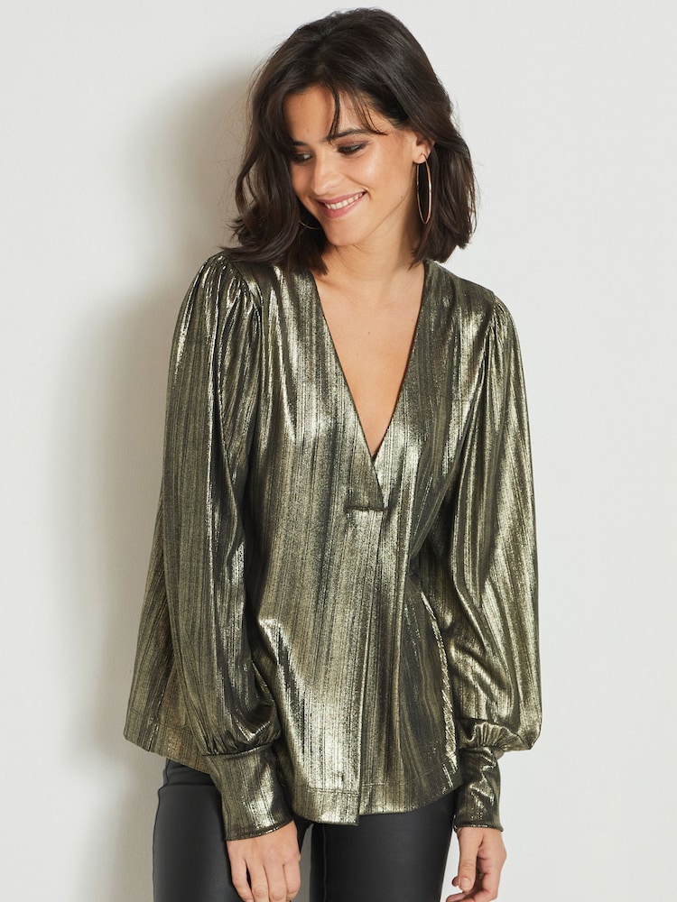 Gold Metallic Lamé V-Neck Cuff Blouse - Image 1 of 6