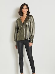 Gold Metallic Lamé V-Neck Cuff Blouse - Image 2 of 6