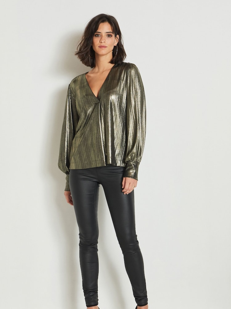 Gold Metallic Lamé V-Neck Cuff Blouse - Image 2 of 6
