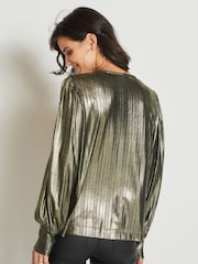 Gold Metallic Lamé V-Neck Cuff Blouse - Image 3 of 6