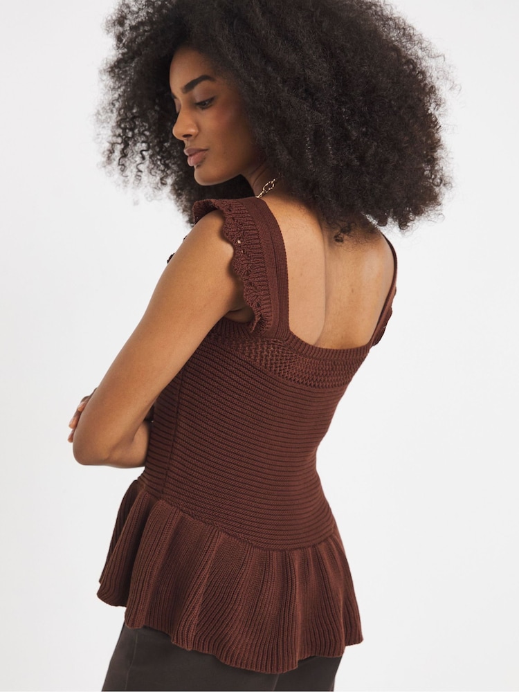 Simply Be Brown Knitted Peplum Crochet Vest - Image 4 of 4 Simply Be Brown Knitted Peplum Crochet Vest - Image 4 of 4