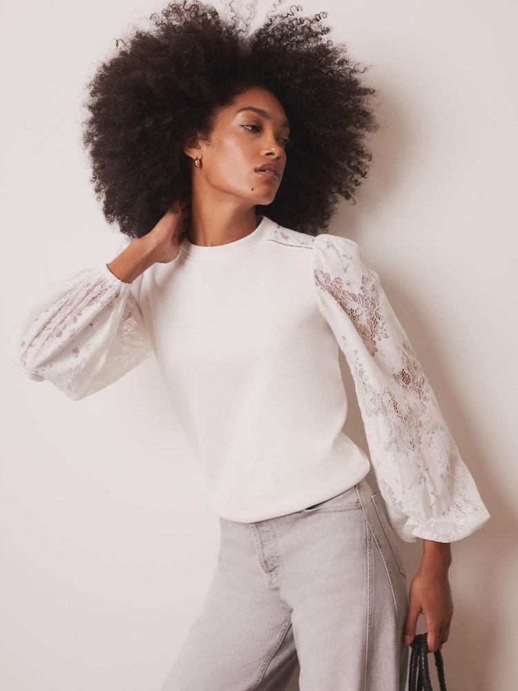 Mint Velvet White Cotton Blend Lace Sleeve Sweatshirt - Image 1 of 8 Mint Velvet White Cotton Blend Lace Sleeve Sweatshirt - Image 1 of 8