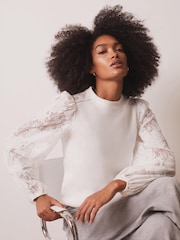 Mint Velvet White Cotton Blend Lace Sleeve Sweatshirt - Image 2 of 8