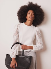 Mint Velvet White Cotton Blend Lace Sleeve Sweatshirt - Image 3 of 8