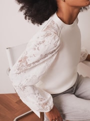 Mint Velvet White Cotton Blend Lace Sleeve Sweatshirt - Image 4 of 8