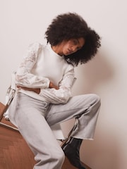 Mint Velvet White Cotton Blend Lace Sleeve Sweatshirt - Image 5 of 8