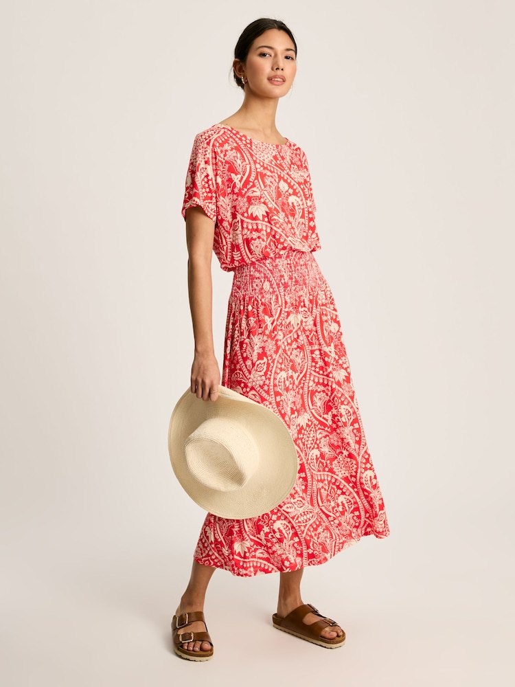 Joules Emmeline Red Paisley Short Sleeve Midi Dress - Image 1 of 7