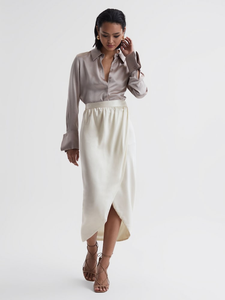 Reiss Ivory Tyra Silk High-Low Wrap Skirt - Image 1 of 5