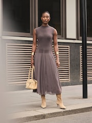Mint Velvet Brown Sleeveless Knit Midi Dress - Image 1 of 8