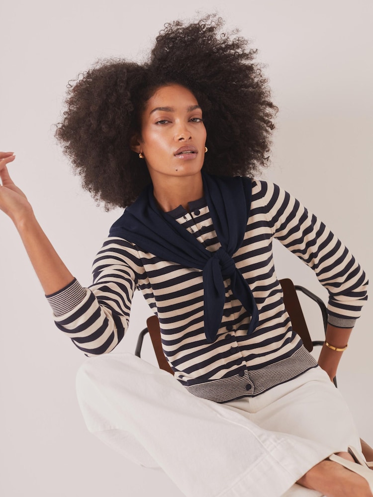 Mint Velvet Blue Striped Scarf Detail Cardigan - Image 1 of 8 Mint Velvet Blue Striped Scarf Detail Cardigan - Image 1 of 8