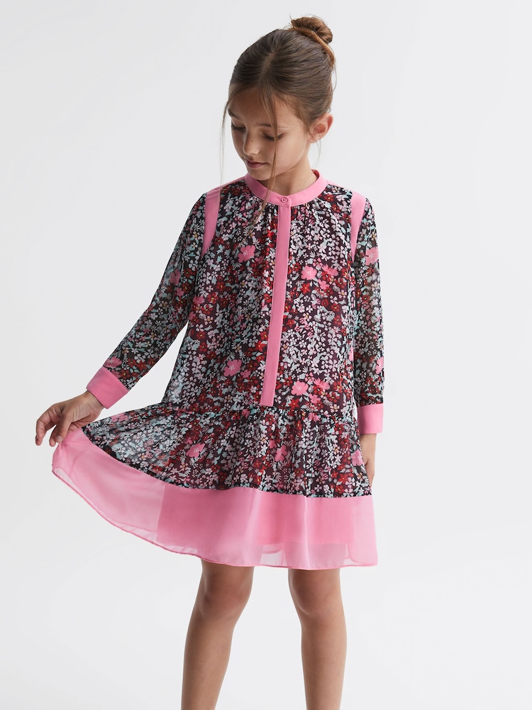 Reiss Pink Camilla 9-14 yrs Floral Print Contrast Dress - Image 1 of 6