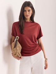 Mint Velvet Brown Jersey Ruched Tie Detail Top - Image 1 of 7