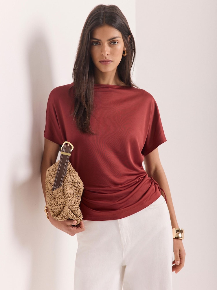 Mint Velvet Brown Jersey Ruched Tie Detail Top - Image 1 of 7 Mint Velvet Brown Jersey Ruched Tie Detail Top - Image 1 of 7