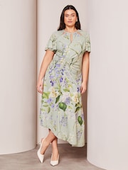 Lipsy Green Floral Curve Ruched Front Keyhole Cut Out Asymmetricalmetricalmetrical Midi Dress - Image 1 of 4