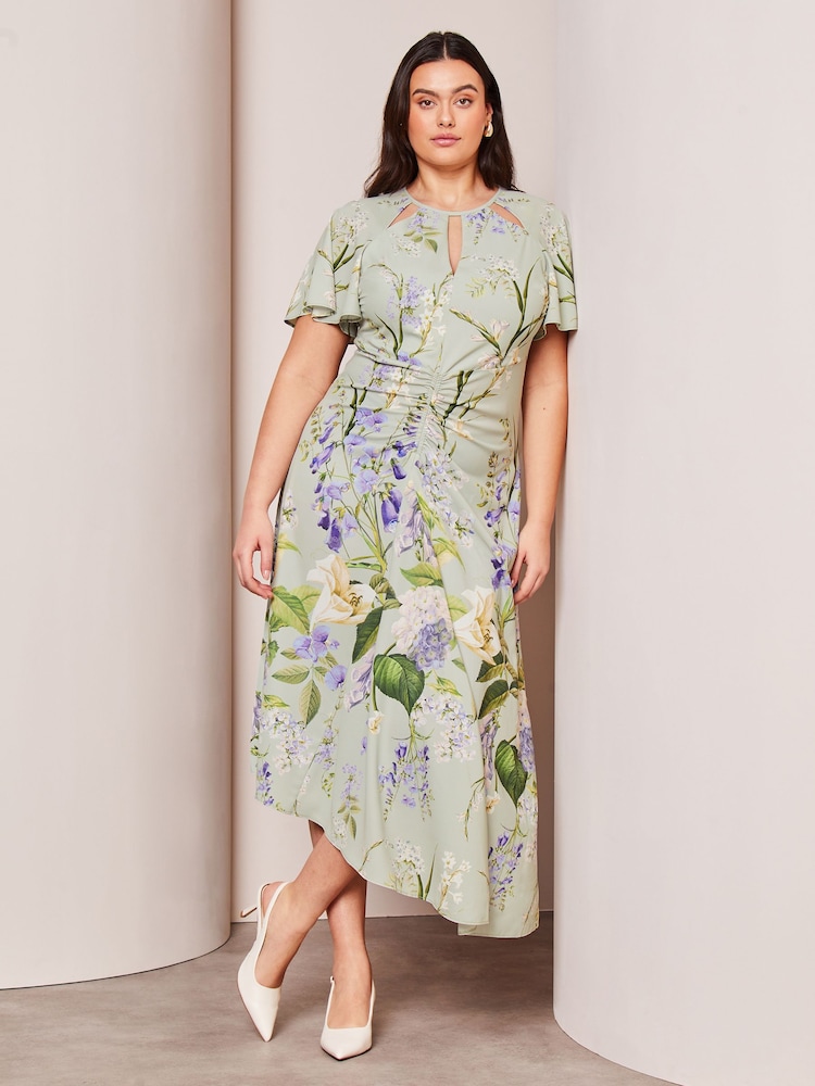 Lipsy Green Floral Curve Ruched Front Keyhole Cut Out Asymmetricalmetricalmetrical Midi Dress - Image 1 of 4