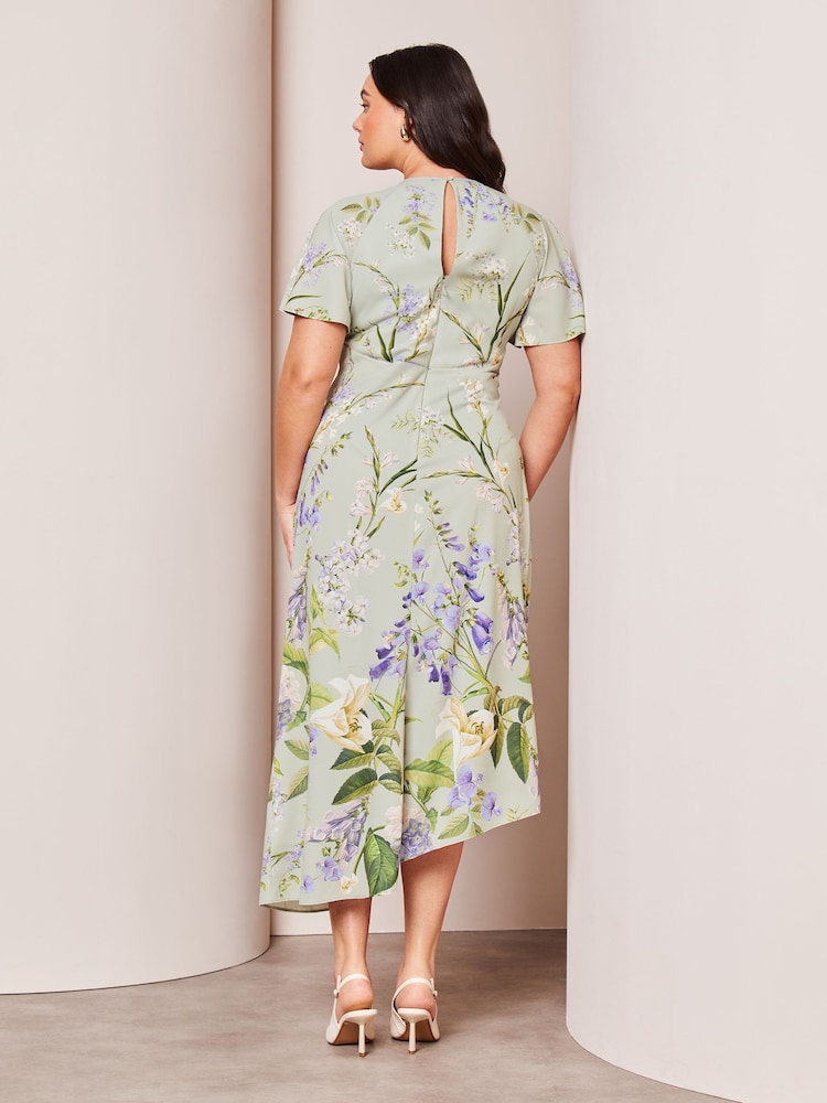 Lipsy Green Floral Curve Ruched Front Keyhole Cut Out Asymmetricalmetricalmetrical Midi Dress - Image 2 of 4