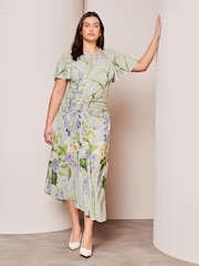 Lipsy Green Floral Curve Ruched Front Keyhole Cut Out Asymmetricalmetricalmetrical Midi Dress - Image 3 of 4