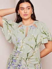 Lipsy Green Floral Curve Ruched Front Keyhole Cut Out Asymmetricalmetricalmetrical Midi Dress - Image 4 of 4