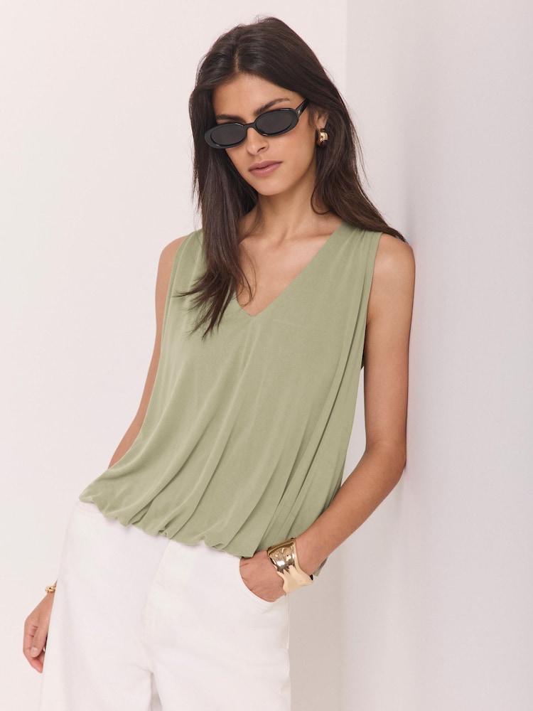 Mint Velvet Green V-Neck Bubble Hem Top - Image 1 of 7