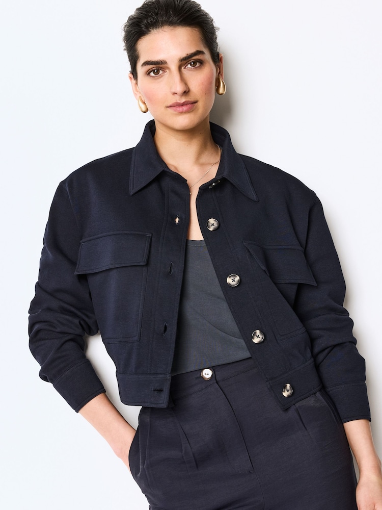 Navy Blue Lightweight Utility Button Front Smart Jersey Shirt Jacket - Image 1 of 6 Navy Blue Lightweight Utility Button Front Smart Jersey Shirt Jacket - Image 1 of 6