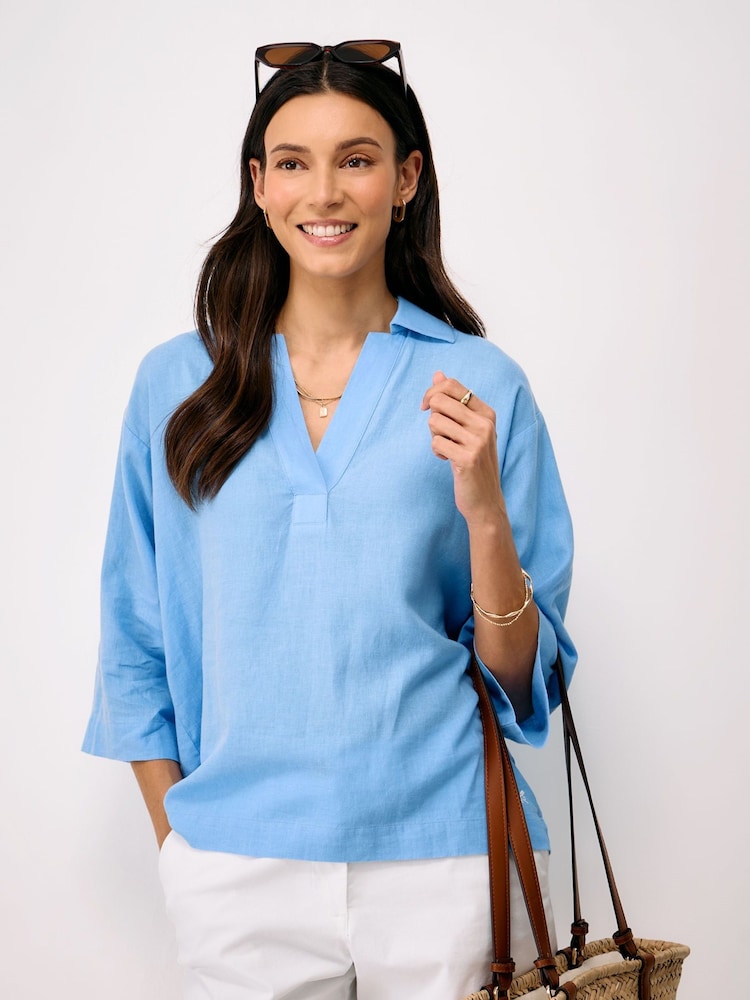 Crew Clothing Blue Anya Linen Blend Popover Shirt - Image 1 of 5