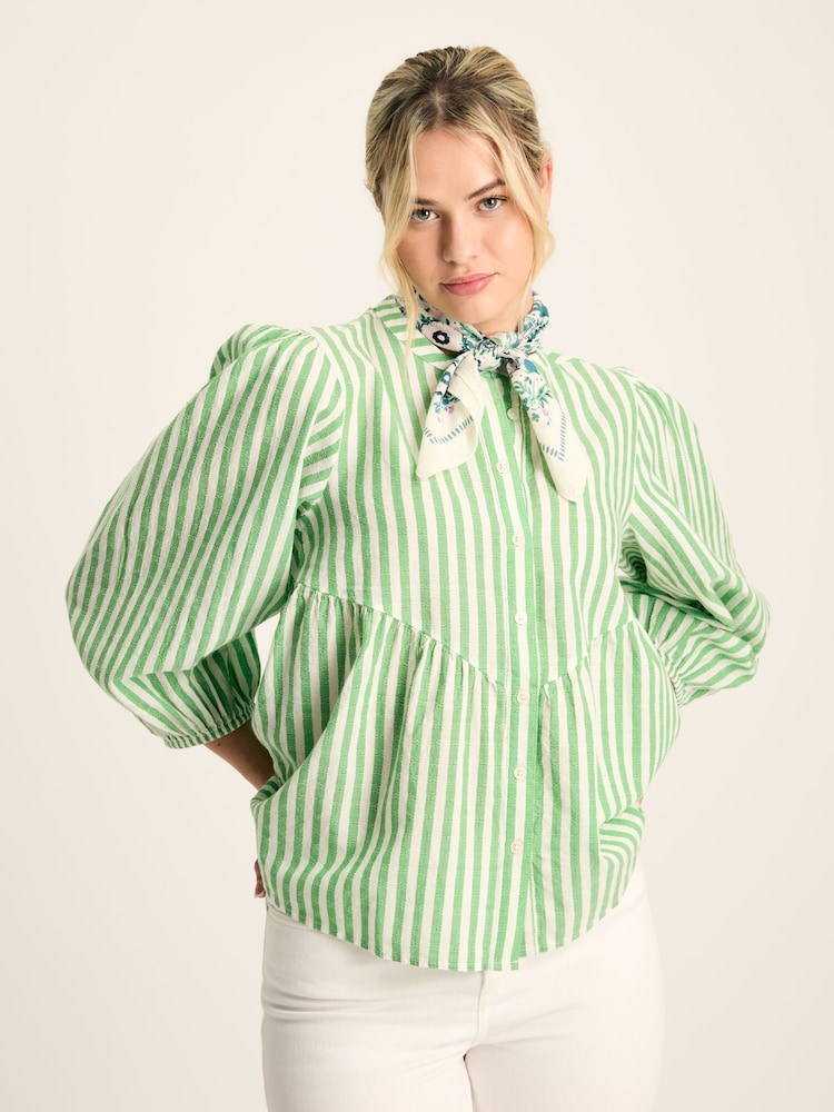 Joules Rowan Green/White Gathered Sleeve Blouse - Image 1 of 7