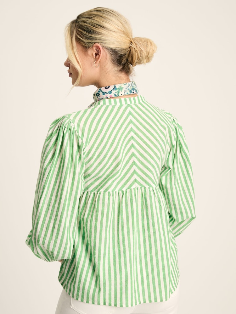 Joules Rowan Green/White Gathered Sleeve Blouse - Image 2 of 7