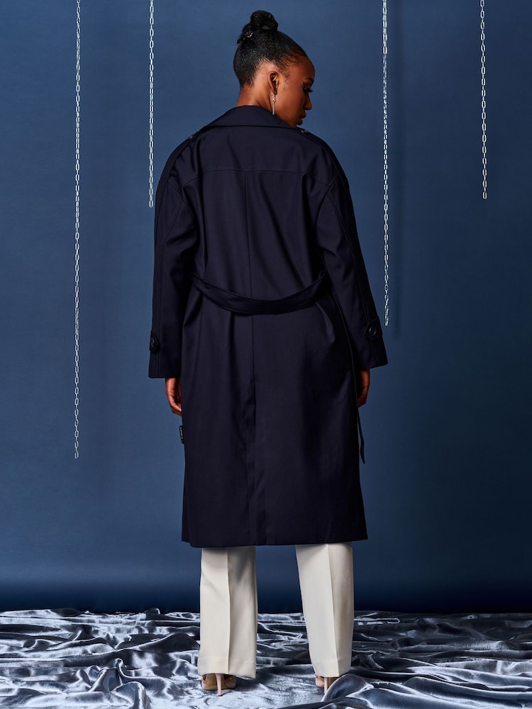 Jolie Moi Blue Double Breasted Trench Coat - Image 2 of 6