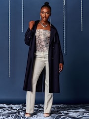 Jolie Moi Blue Double Breasted Trench Coat - Image 3 of 6
