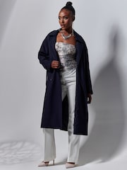 Jolie Moi Blue Double Breasted Trench Coat - Image 5 of 6
