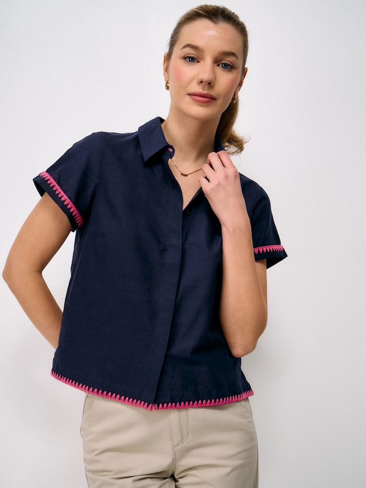 Crew Clothing Blue Short Sleeve Edge Stitched Shirt - Image 1 of 5 Crew Clothing Blue Short Sleeve Edge Stitched Shirt - Image 1 of 5