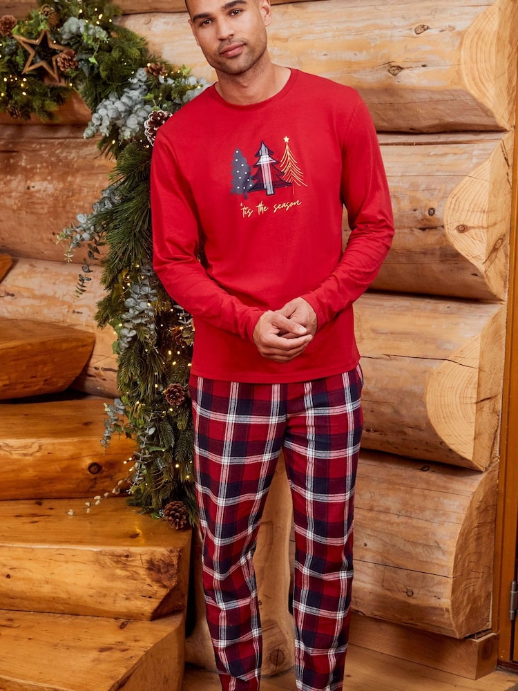 Threadbare Red Elf Cotton Long Sleeve Check Christmas Pyjama Set - Image 1 of 5