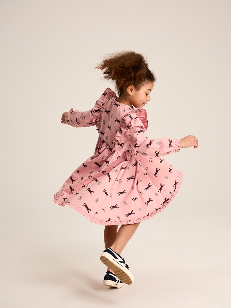 Joules Florence Pink Horse Print Long Sleeve Frilled Dress - Image 2 of 9 Joules Florence Pink Horse Print Long Sleeve Frilled Dress - Image 2 of 9