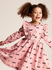 Joules Florence Pink Horse Print Long Sleeve Frilled Dress - Image 3 of 9