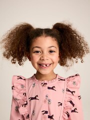 Joules Florence Pink Horse Print Long Sleeve Frilled Dress - Image 4 of 9