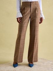 Joules Foxley Check Brown Wide Leg Tweed Trousers - Image 1 of 7
